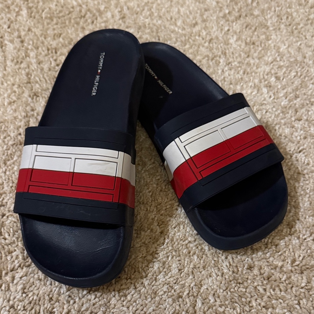 Tommy Hilfiger Blue and Red Slide Sandals